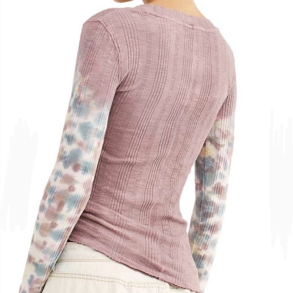 Free People Big Sur Top Long Tie Dyed Sleeves Scoop Neck Ribbed Knit Mauve L EUC - Picture 8 of 12